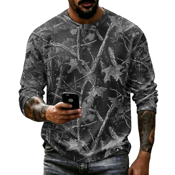 Gaukiv Long Sleeve Tops for Men Camo Print Waffle Knit Crew Neck Breathable Shirts Layer Blouses Black L