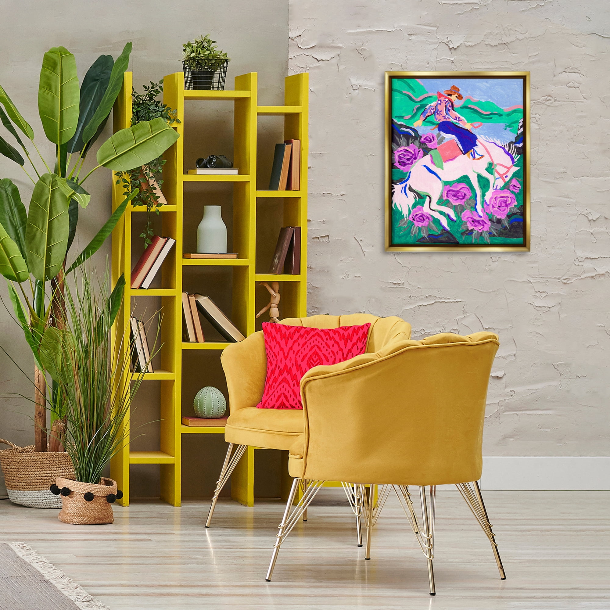 Stupell Industries Bold Hued Cowboy & Horse Animals Painting Gold Floater Framed Canvas Art Print Wall Art, 17 x 21