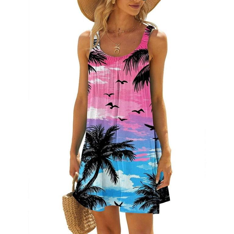VBTAPA Sundresses for Women Tropical Print Sleeveless Pleated Mini Dress  Hawaiian Beach Vacation Dresses Sales of the Day Pink XL