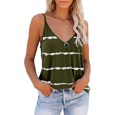 DondPO Going Out Tops for Women Corset Tops Ladies Summer Casual Fashion Vest Top Adjustable Shirt V-Neck Stripe Print Summer Sexy Sleeveless Vest Tank Top for Women Camisole Tops Army Green S