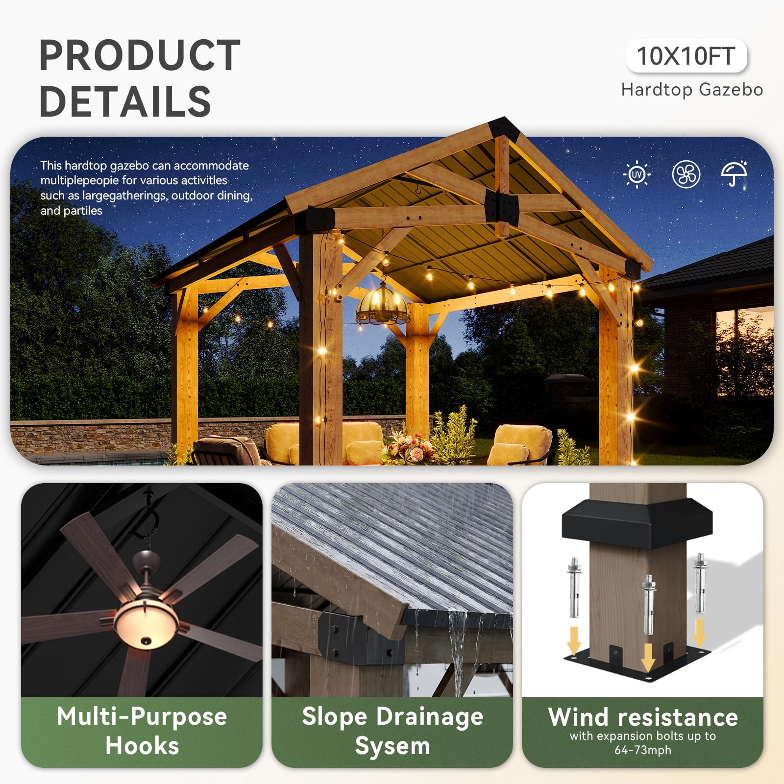 Dateyes 10' x 10' Outdoor Wood Gazebo, Hardtop Gazebo Permanent Wooden Pavilion with Galvanized Steel Gable Roof, for Patio, Garden, Backyard, Cedar Wood