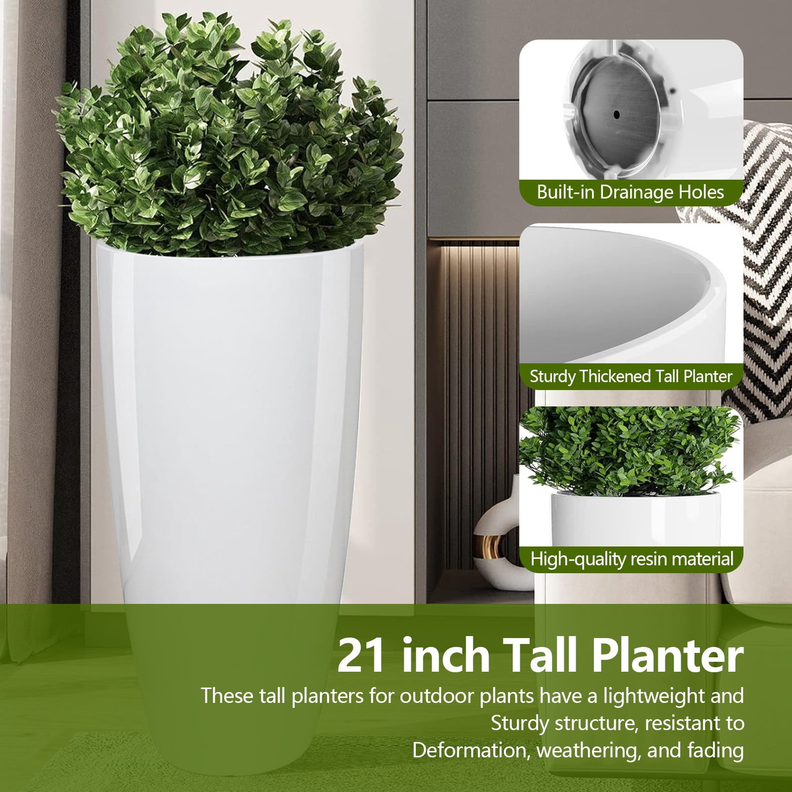 21” Tall Planters for Outdoor Indoor Plants Set of 2 Sturdy Plant Pots, White