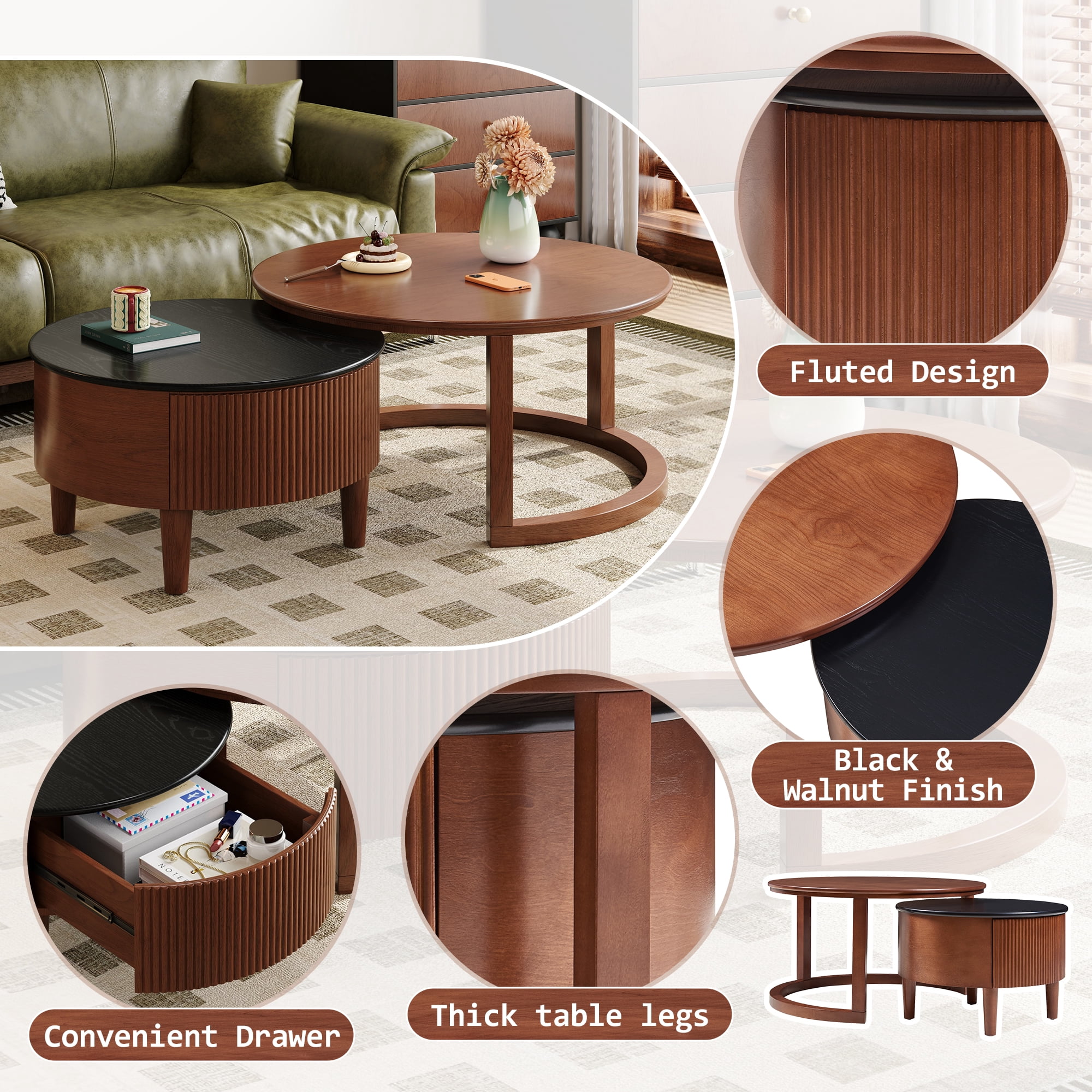 Euroco Vintage Round Nesting Coffee Table Fluted with Drawer in Black & Walnut in 31.5''