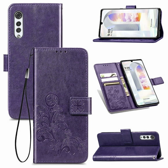 Allytech LG Velvet Case, Premium PU Leather Floral Embossed Hand Wrist Wireless Charging Magnetic Clasp Book Style Cards Holder Wallet Case for LG Velvet, Purple