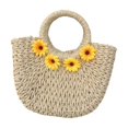 thumbnail image 3 of Bolso de mano bohemio tejido con asa redonda, elegante, de paja, para mujer, para playa y verano Beige, 3 of 9
