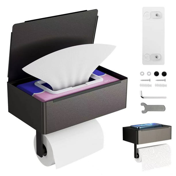 Soporte de papel higiénico con estante, dispensador de toallitas húmedas y almacenamiento para todos los baños, organizador de pared de acero, 1 ud.
