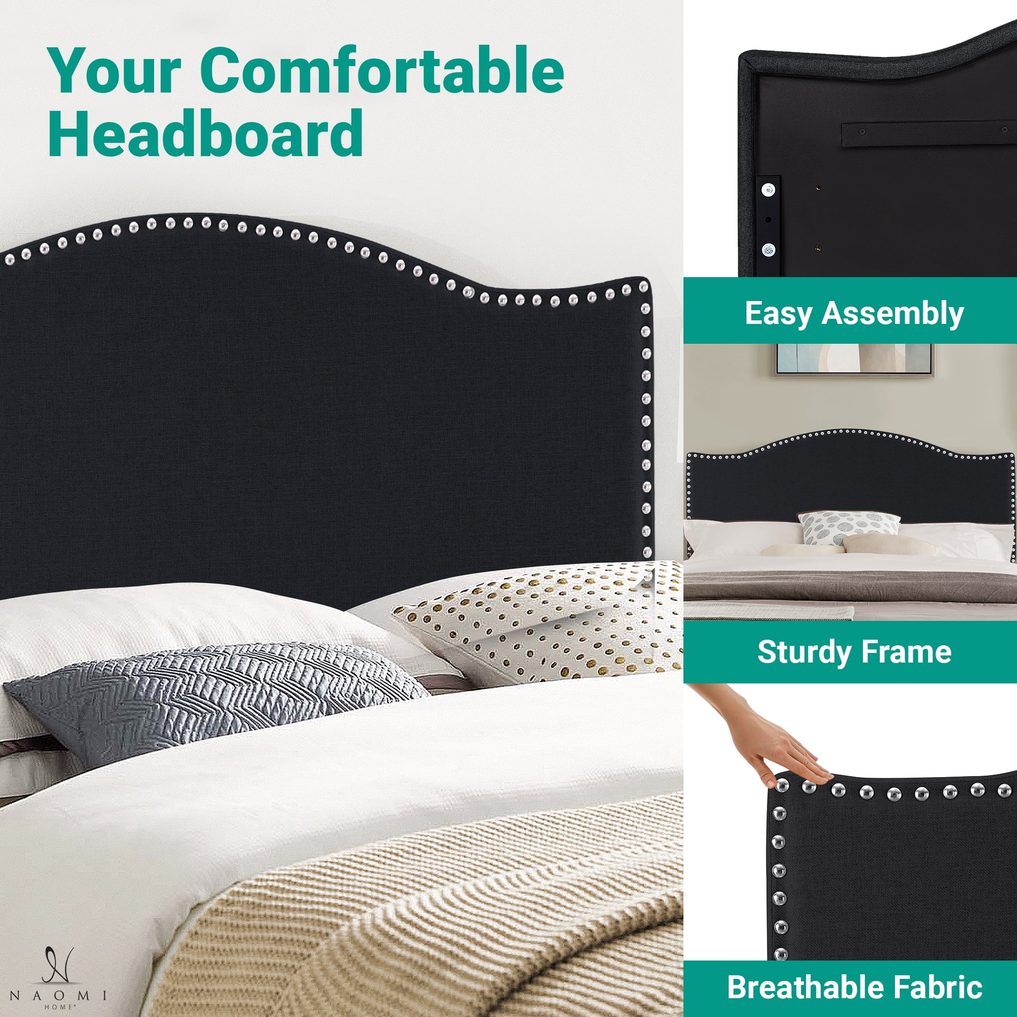 Catalina Black Upholstered Queen Headboard – Nailhead Trim, 12 Adjustable Positions