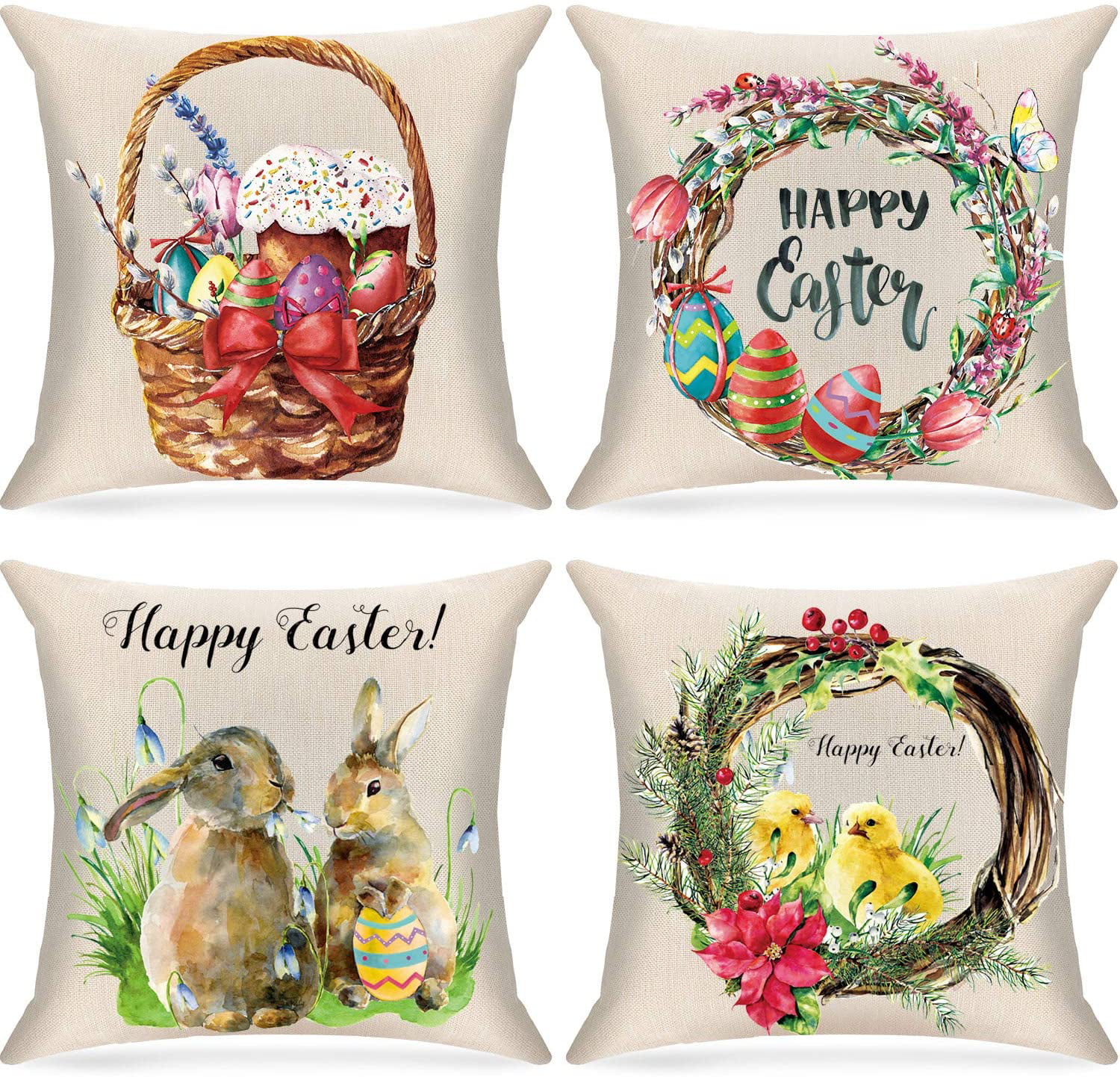 18" Spring Easter Bunny Flower Egg Pillow Case Couch Cushion Cover Home Decor 