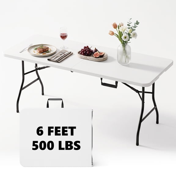 HaiNova 6ft Folding Table, 72" × 30" with Carry Handle, Waterproof Stain Resistant Portable Table for Camping Party Picnic, White