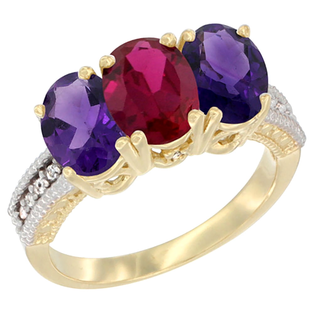 14K Yellow Gold Enhanced Ruby & Natural Amethyst Ring 3-Stone 7x5 mm Oval Diamond Accent, sizes 5 10 by WorldJewels