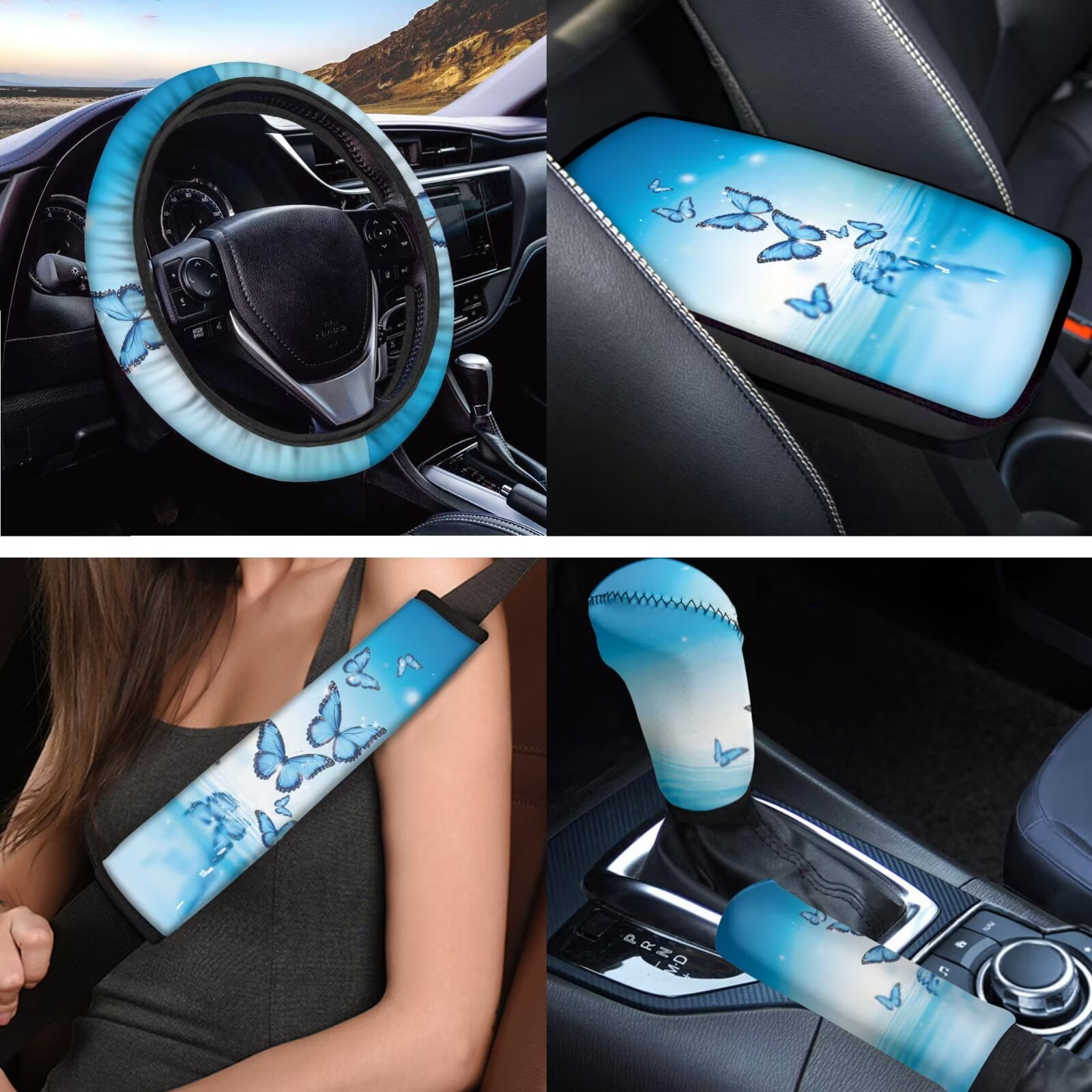 Uorisanigo Butterfly Printed 18 Packs Car Seat Cover with Seat Belt Shoulder Pad Full Set Universal Steering Wheel Protector Armrest Covers Headrest Handbrake Grip Protector Coasters Keychains