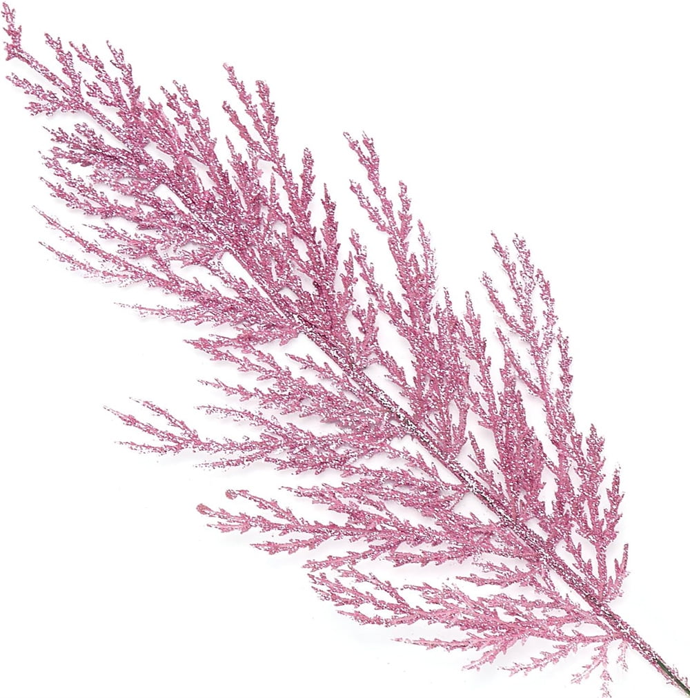 NOGIS Christmas Glitter Twigs 24pcs Artificial Pine Tree Picks for Christmas Tree Ornaments fillers, DIY Xmas Wreath, Crafts, Garland, Holiday, Party, Wedding and Home Decoration (Pink)