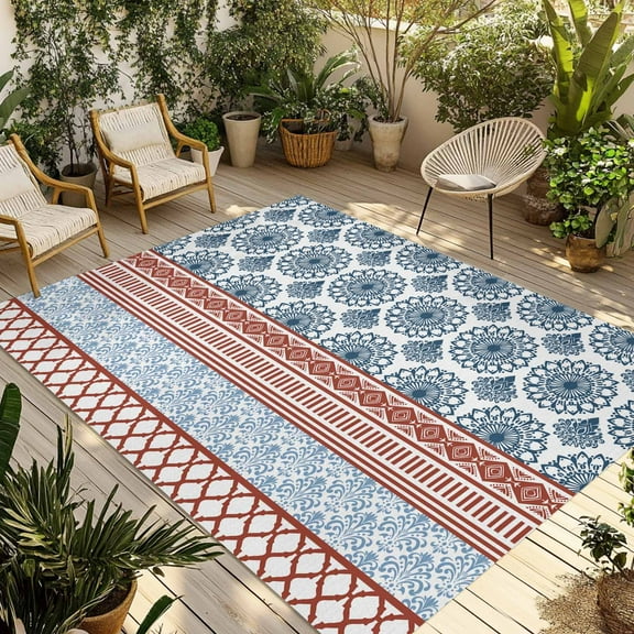 Fsddascl Blue Red Boho Outdoor Rug for Patio/Deck/Porch, Non-Slip Large Area Rug 5 x 8 Ft, Vintage Geometric Stripes Abstract Art Indoor Outdoor Rugs Washable Area Rugs, Camping Rug Carpet