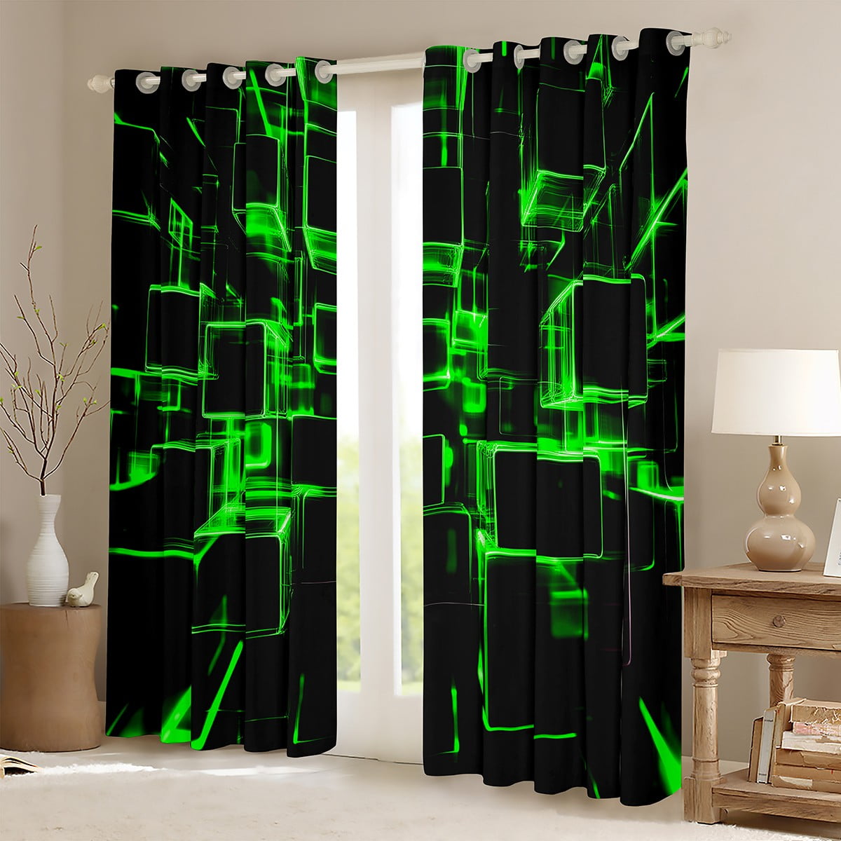 Erosebridal Green Plaid Curtains and Drapes (38Wx54L),Futuristic Cubes 30%-50% Blackout Curtains for Bedroom,Curtains for Living Room,Buffalo Decoration