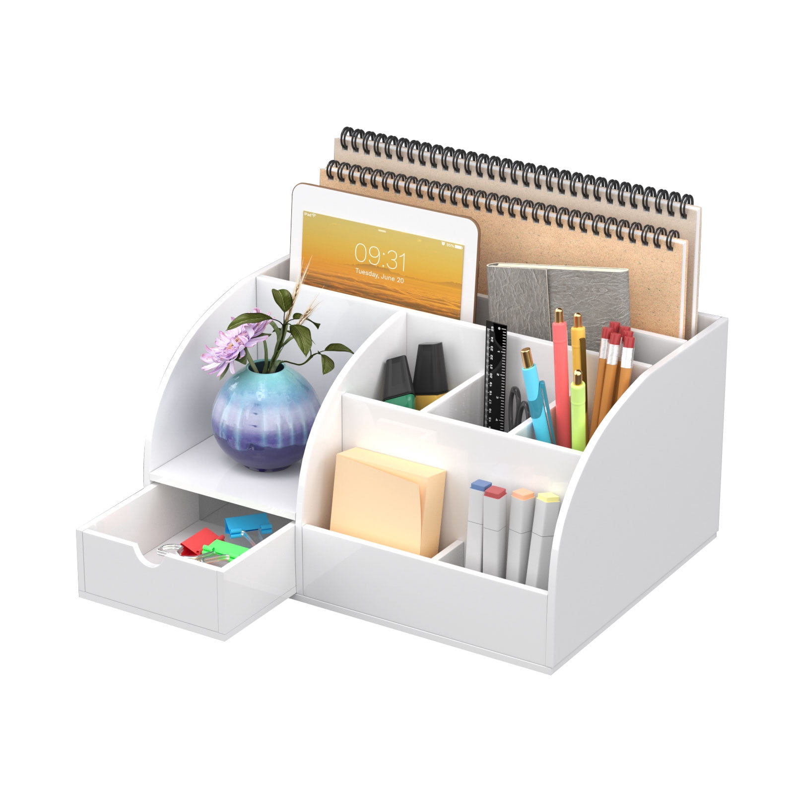 NIUBEE Desktop Organizer, Pen Holder & Storage Rack, Featuring 8 Compartments and 1 Drawer, Office Supplies, Ideal for Organizing Pens, Scissors, Memo Pads