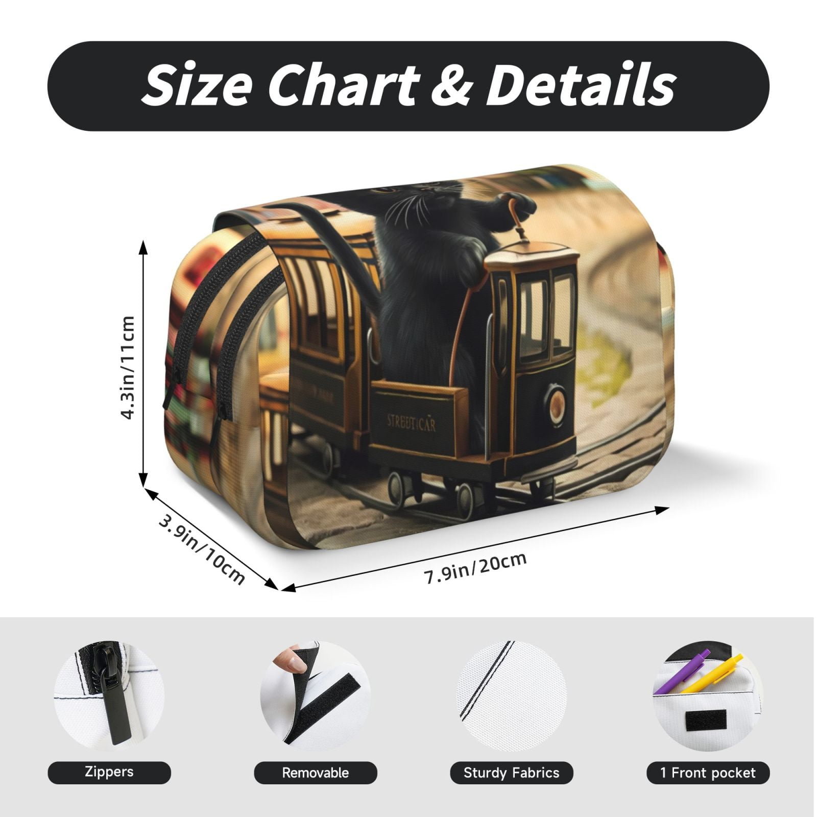 Rateoe Adorable Kitten On Mini Train Pattern Double Clamshell Pen Case, Storage Organizer with Two Zipper Compartments– Holds Up to 50 Pencils & Pens