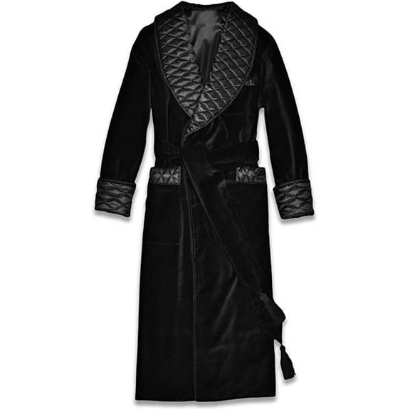 Men Smoking Robe Quilted Dressing Long Gown Smoking Jacket Coats Party Wear Black Velvet Long 