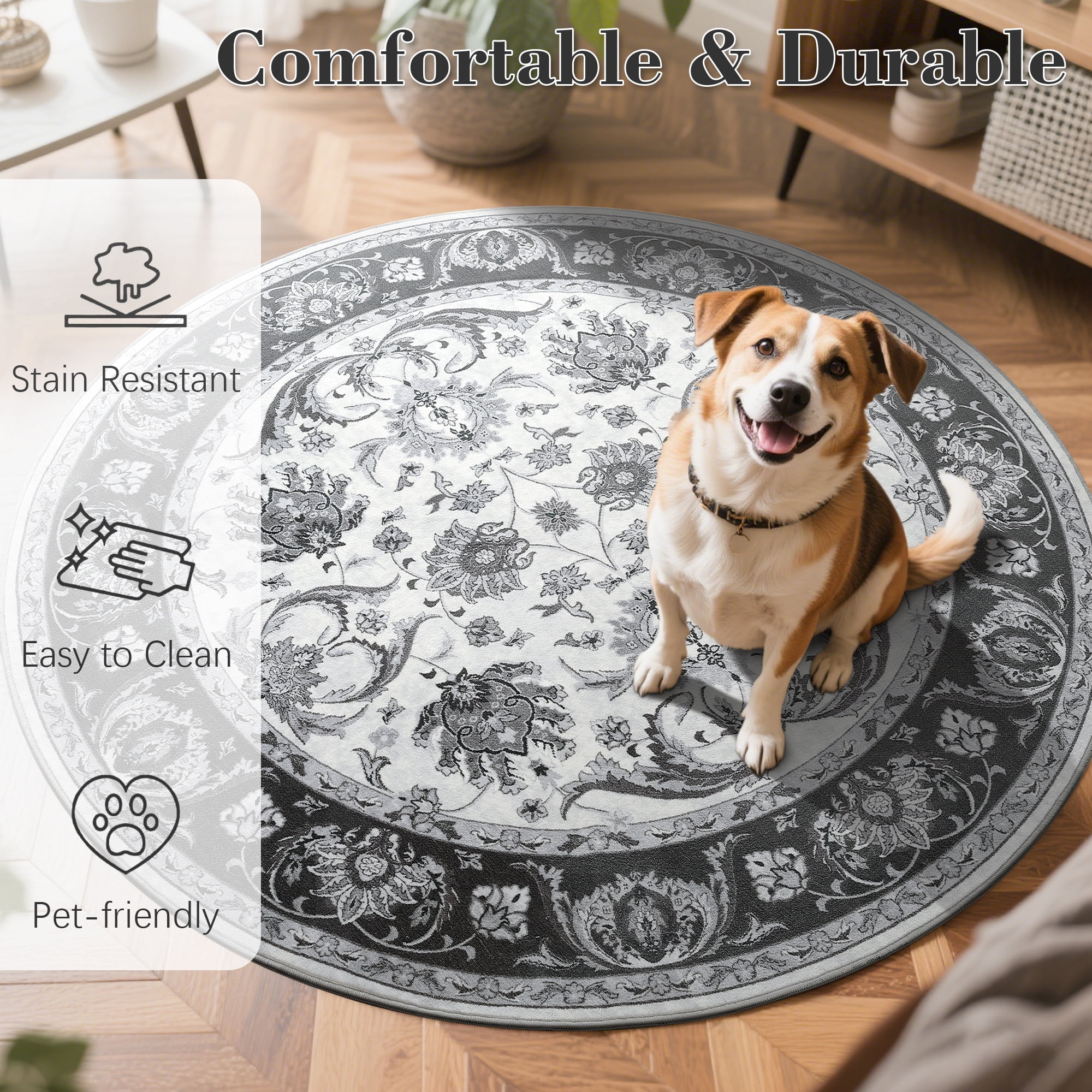 Cydiria Gray Round Persian Medallion Area Rug Floral Pattern Print Low-Pile Carpet for Living Room, 6' x 6'