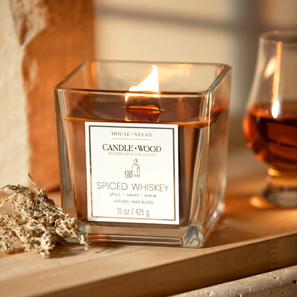 House of Velas Candle Wood Collection, 15 oz, 1 Wooden Wick, Spiced Whiskey, Square Glass Jar Candle