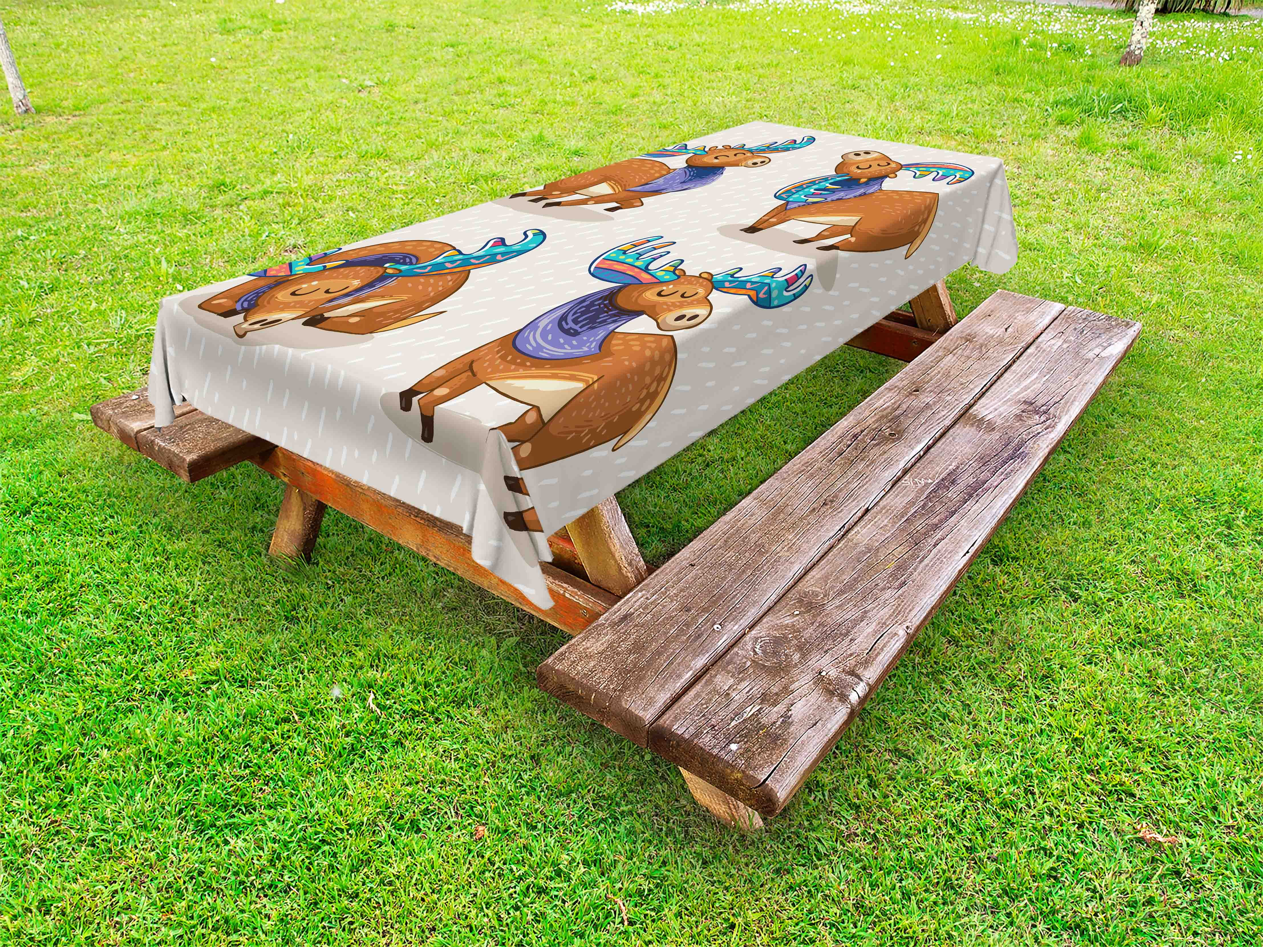 Moose Outdoor Tablecloth, Kids Cartoon Inspired Cute Elks with Antlers