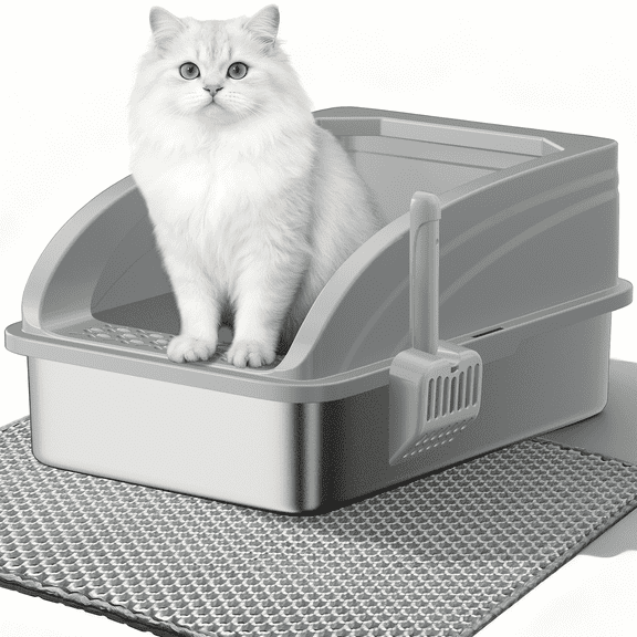 Stainless Steel Cat Litter Box,YUWENUS High Sided Cat Litter Box Metal Litter Pan with Lid Large Litter Box with Scoop, Dark Gray