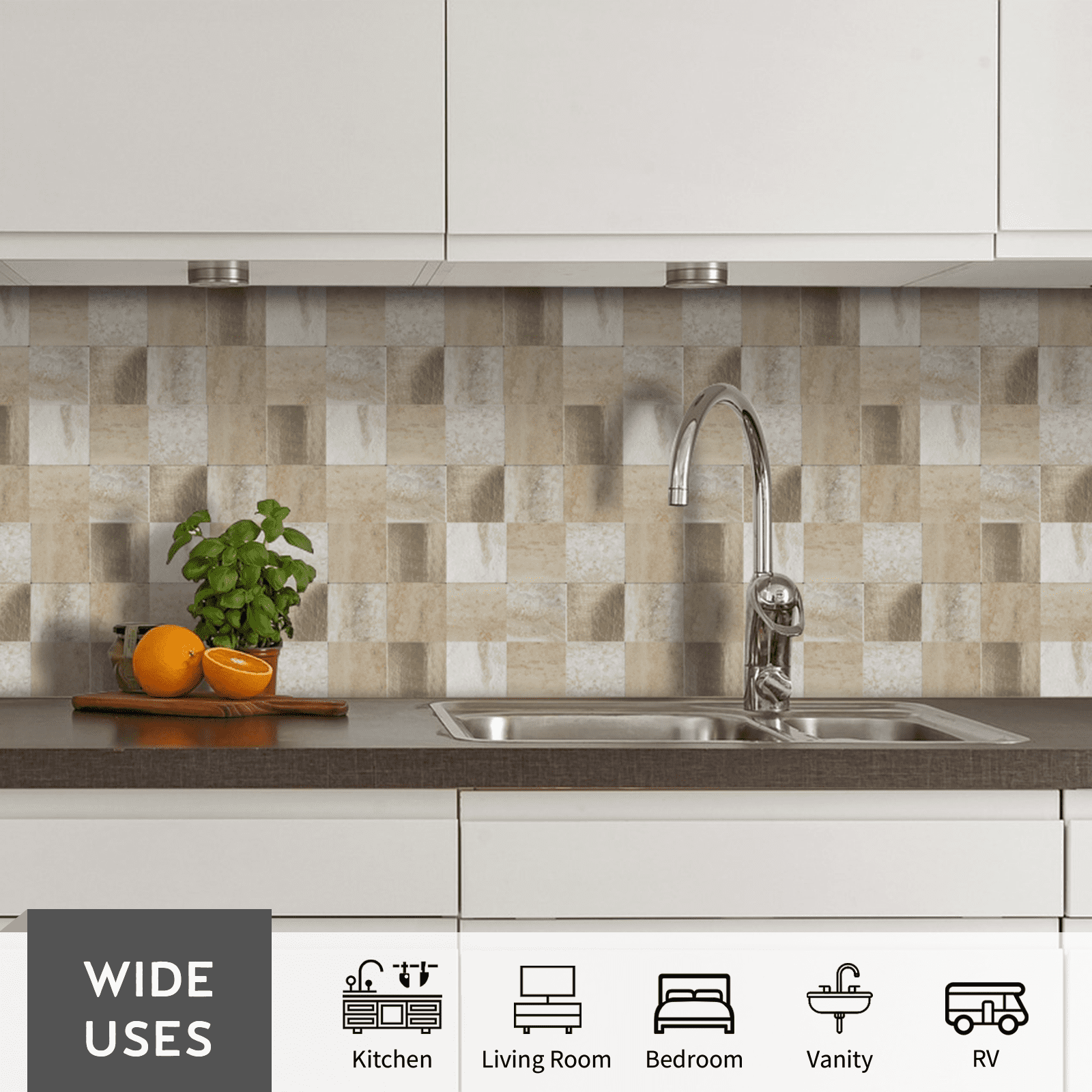 12-Sheet Peel and Stick Backsplash, 12" x 4" PVC Marble Look Self Adhesive Stick on Wall Tiles for Kitchen Bathroom Fireplace (Beige)