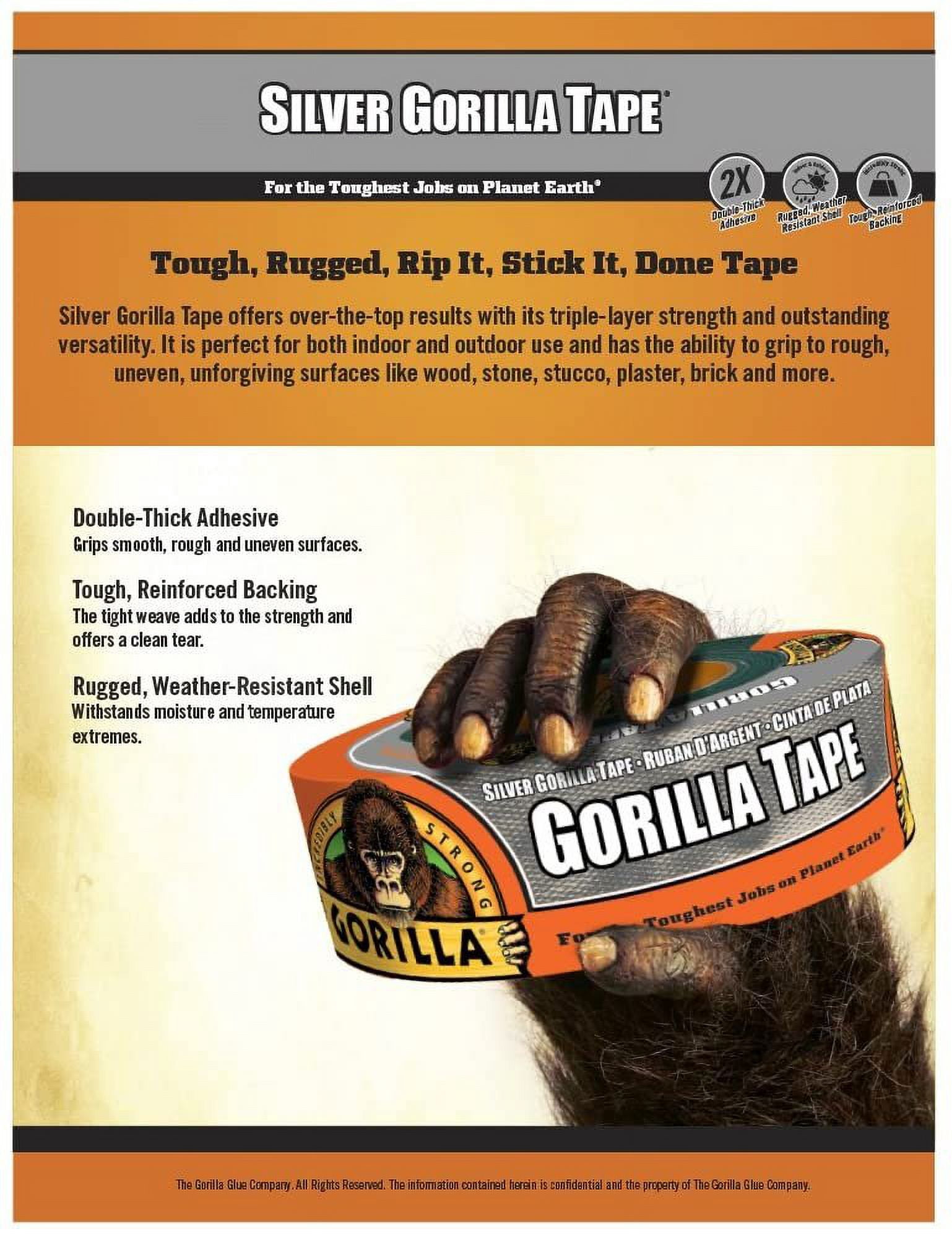 Gorilla Glue Gorilla Silver Duct Tape, 1.88" x 35 yd, Silver, Pack of 12 — Residential Use, Standard Application