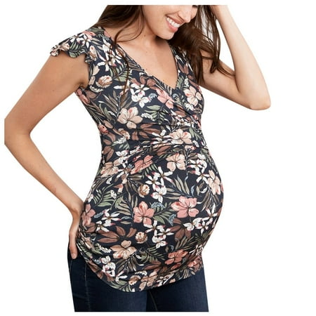 

WAJCSHFS Maternity Shapewear Women s Maternity Blouses Ruffle Trim Short Sleeve Double V Neck Boho Peplum Top Pregnancy Shirts (Grey M)