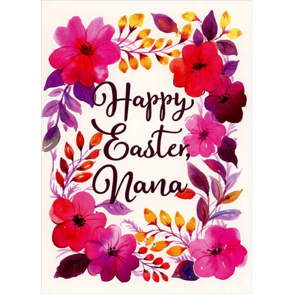 Designer Greetings Red and Pink Flowers, Yellow and Purple Leaves on White Background Nana Easter Card