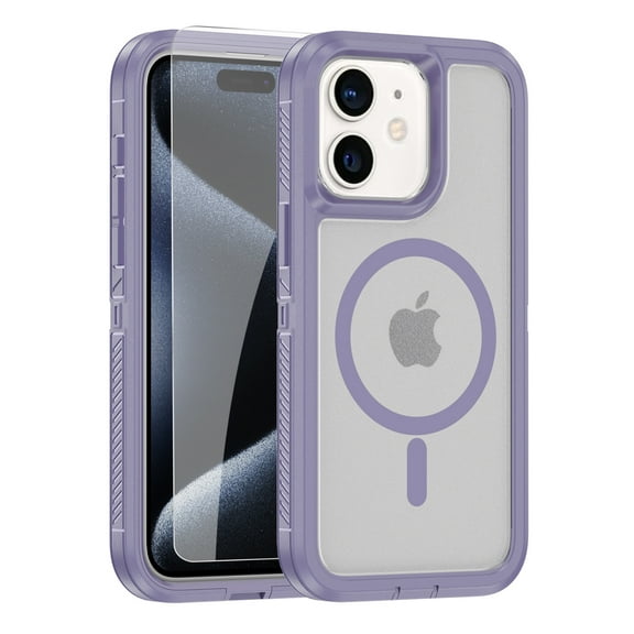 Dteck for iPhone 15 Pro Max Magnetic Case with Tempered Glass Screen Protector, Compatible with MagSafe, Military Grade Protection Heavy Duty Rugged Phone Case Cover for iPhone 15 Pro Max,Purple
