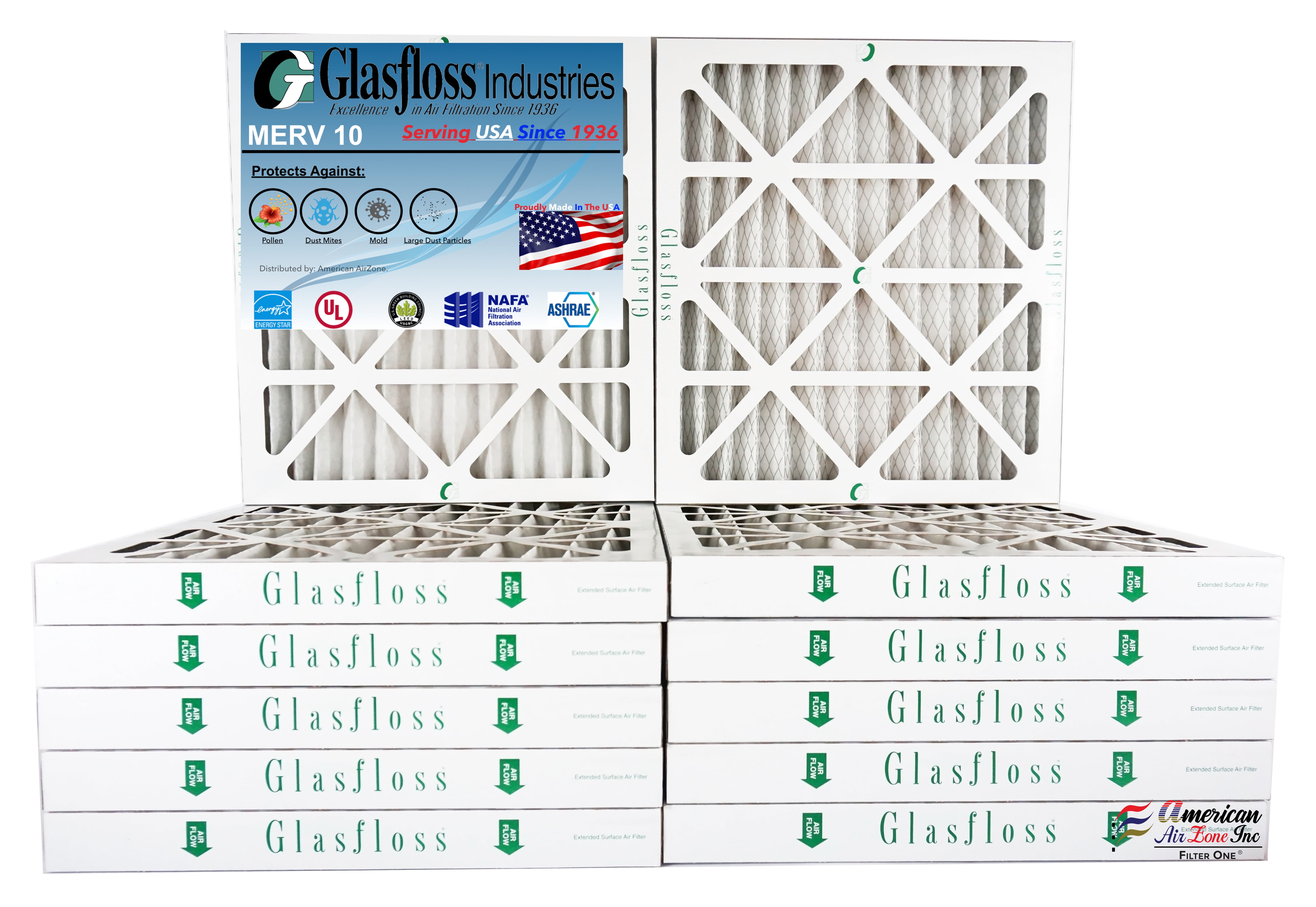 Glasfloss Air Filter 16x18x2 2" MERV 10 (Pack of 12) Pleated AC or HVAC Air Filter