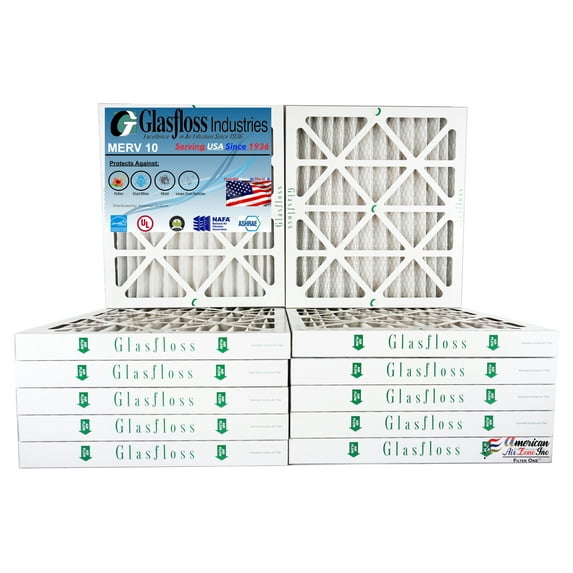 Glasfloss Air Filter 16x18x2 - 2" MERV 10 - (Pack of 12) - Pleated AC or HVAC Air Filter - Furnace Air Filter - Home or Office - Made In The USA.