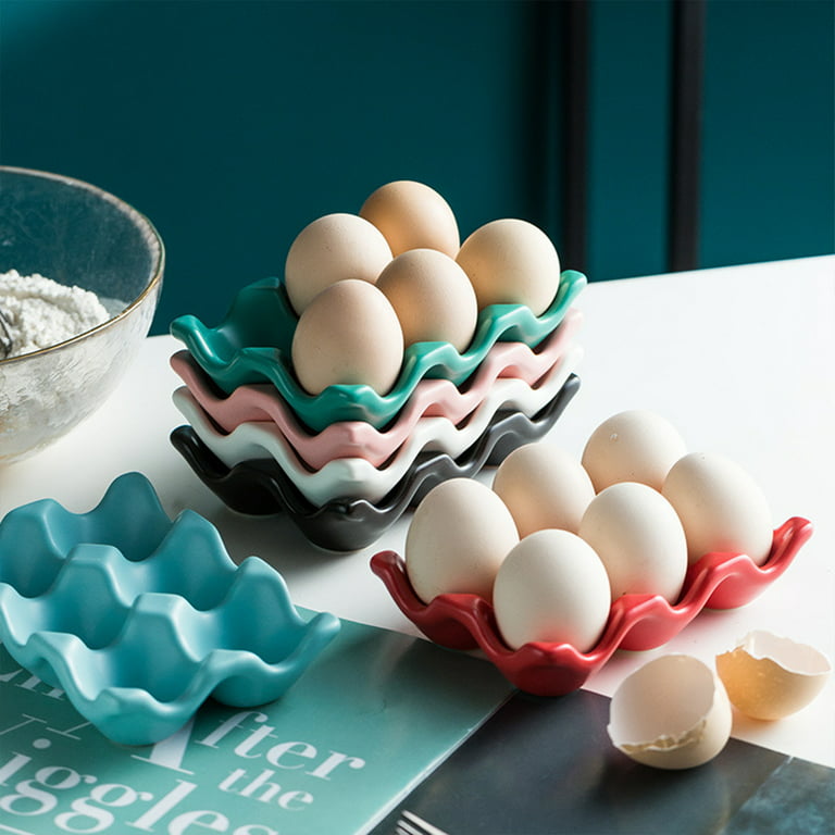 Ceramic 6 Cups Egg Tray - Half Dozen Porcelain Egg Holder Container Keeper  Storage Organizer Decorative Serving Dish Plate for Refrigerator Fridge