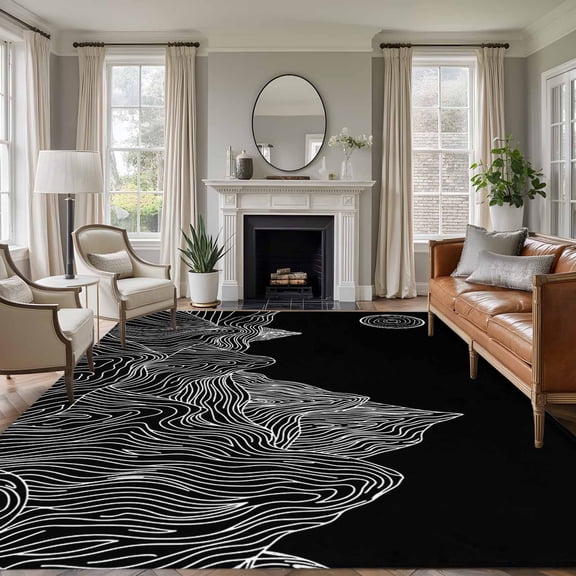 Large Area Rugs for Living Room Bedroom, Mountain Line 6'x9' Rug Washable Carpet Runner Indoor Outdoor, Minimalist Abstract Landscape Art Sun Black Non Slip Floor Mats Rug for Kitchen, Playroom