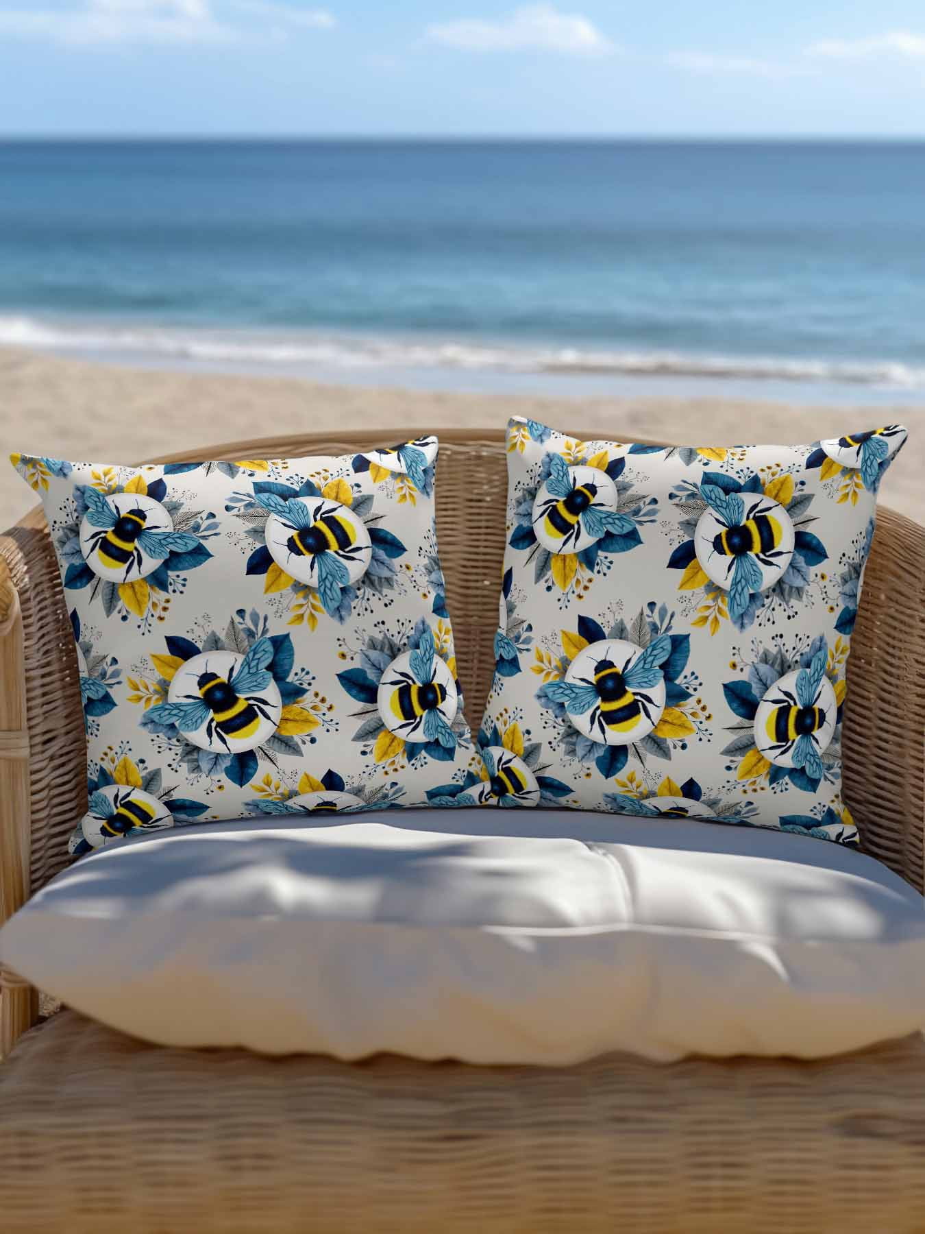 1 Pack Outdoor Throw Pillow, Gray Bees Farmhouse Waterproof Pillow with Insert Included, Spring Summer Botanical Flowers Decorative Accent Cushion Sofa Pillows for Patio Porch, 18 x 18 In