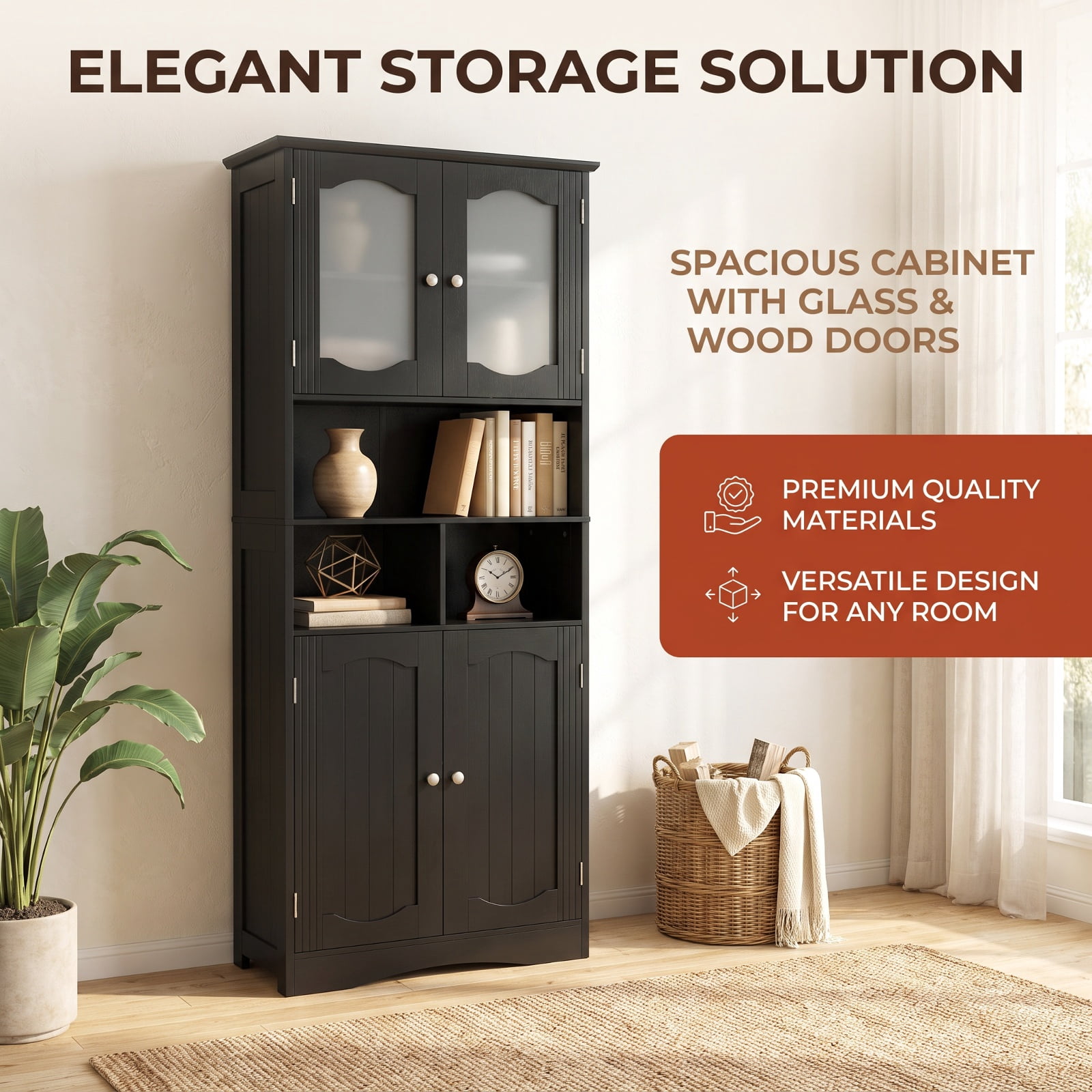 Vebreda Freestanding Bathroom Storage Cabinet, 58.5 Inch Freestanding Linen Bathroom Storage Cabinet with Frost Glass Doors, 2 Adjustable Shelves