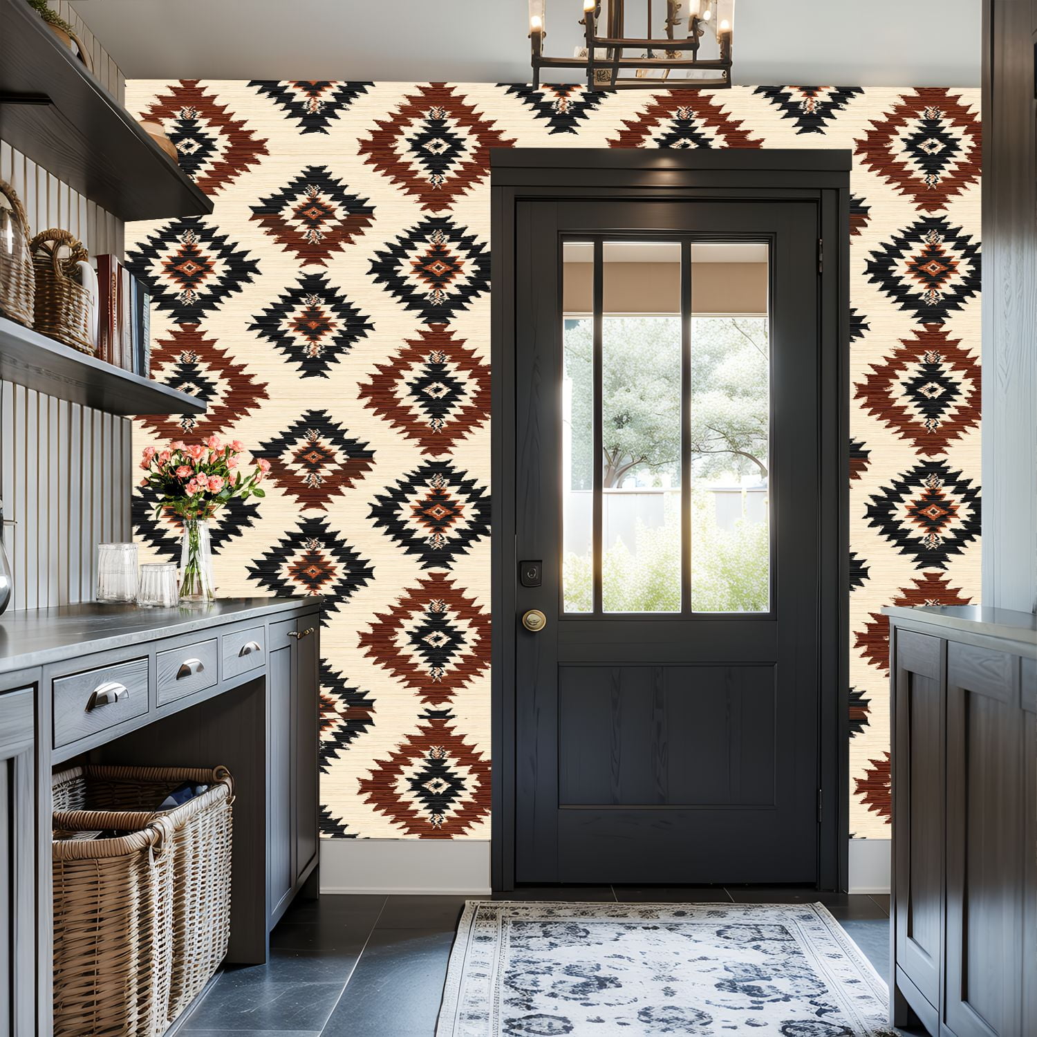 Aztec Peel and Stick Wallpaper Geometric Diamond Earthy Tones Vintage Texture Wall Mural 17.7in x 9.8ft Self Adhesive Removable Wall Paper Renter Friendly Wallpaper for Nursery Bedroom Cabinets