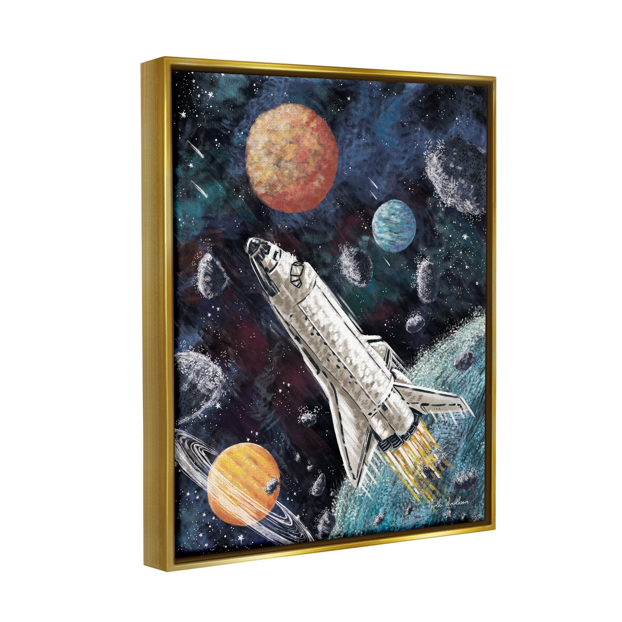 Stupell Industries Spaceship in Outer Space Novelty Painting Gold Floater Framed Canvas Art Print Wall Art, 25 x 31