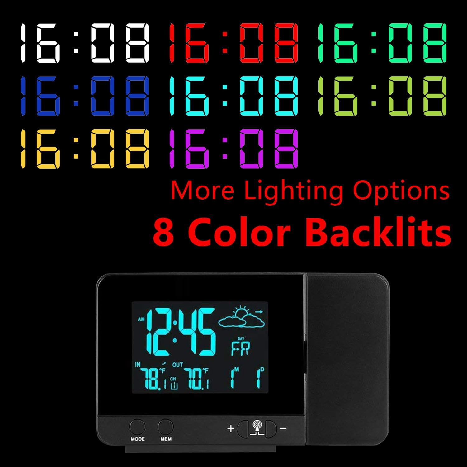 Projection Alarm Clock,Digital Clock with Weather Forecast,Indoor/Outdoor Thermometer,Cool 180°Bedroom Ceiling Projection,LED Display with 8-Color and 4 Dimmer,Dual Alarm Clocks for Heavy Sleeper