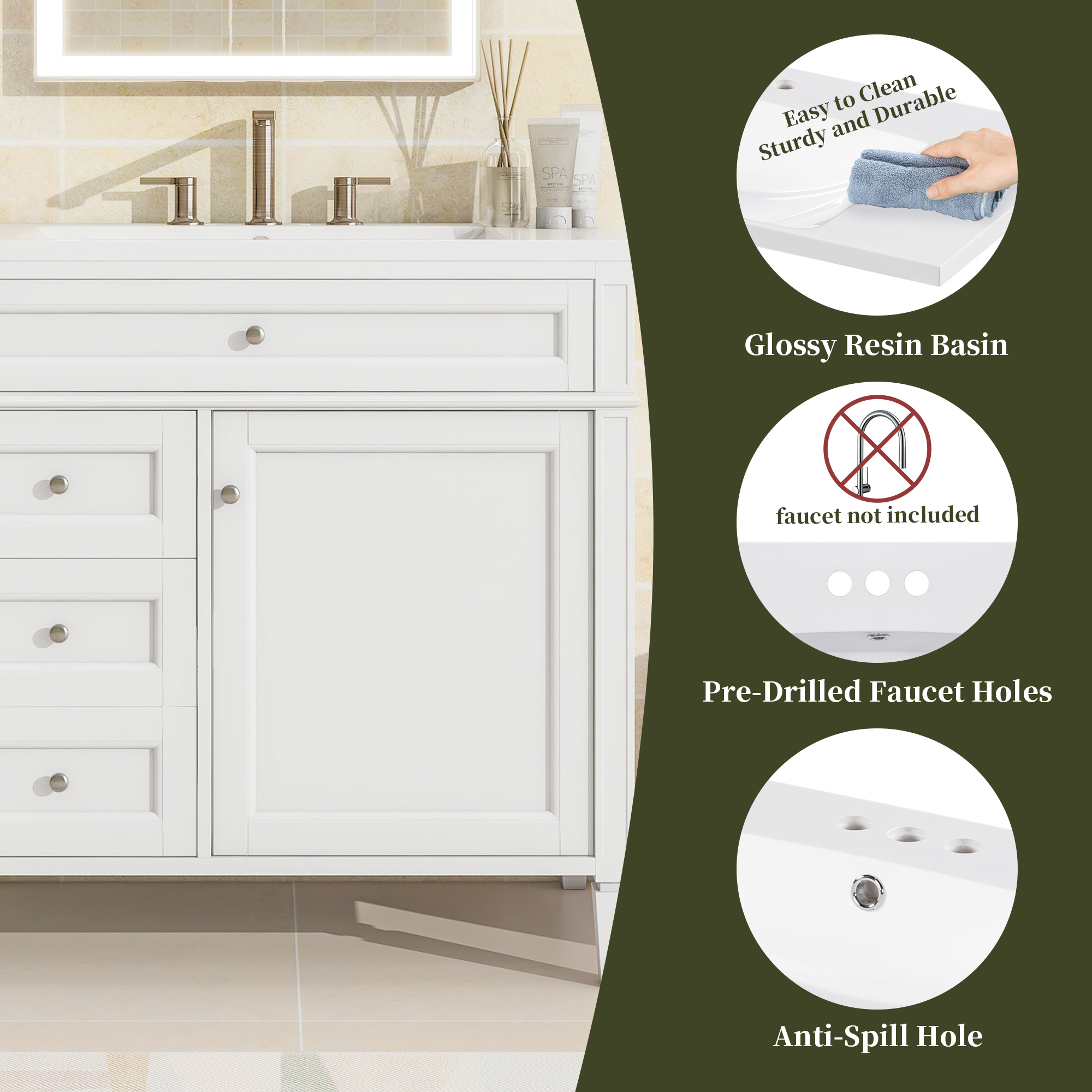 EUROCO 36'' Bathroom Vanity with Sink, Modern Bathroom Storage Cabinet with 2 Drawers and a Tip-out Drawer, Freestanding Bathroom Dresser, White