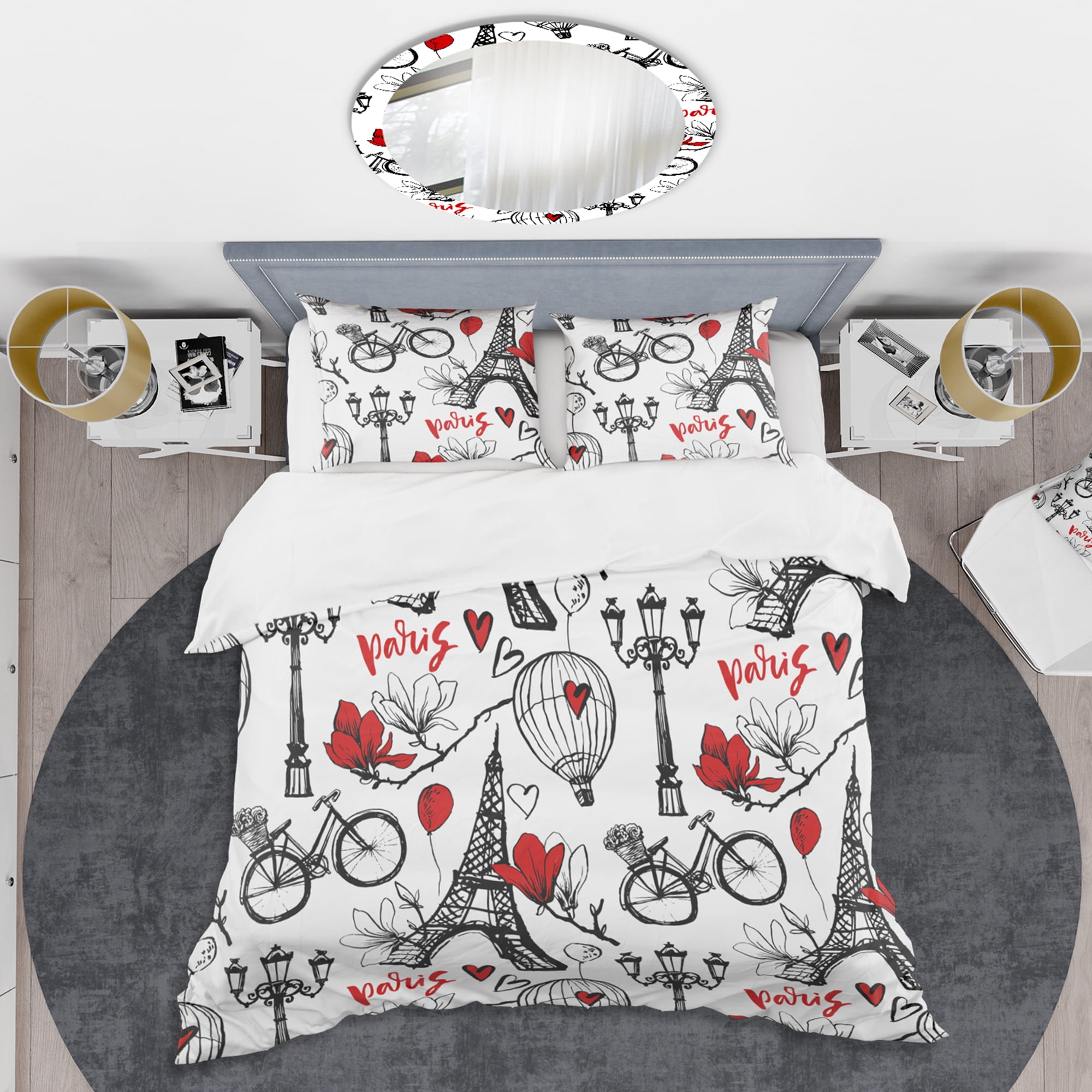 Designart 'Paris Eiffel Red Hearts I' Mid-Century Modern Duvet Cover Set