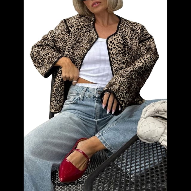 Chaqueta Acolchada Corta para Mujer, Ligera, con Estampado de Leopardo, Abierta Al Frente, Tipo Cárdigan, Abrigo Exterior. Caqui L