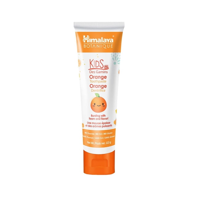 Himalaya Botanique Pasta de dientes para niños Sabor a naranja a base de hierbas Combate la placa Sin fluoruro Suave Sin sabores ni colores artificiales Sin SLS Sin gluten Sin crueldad Espuma vegana 4