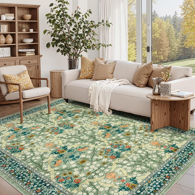 Green 5x7 Area Rug Washable Non Slip Bedroom Living Room Rugs Soft Low Pile Under Table Carpet for Dining Room Floral Print Botanical Floor cover Mat for Home Office