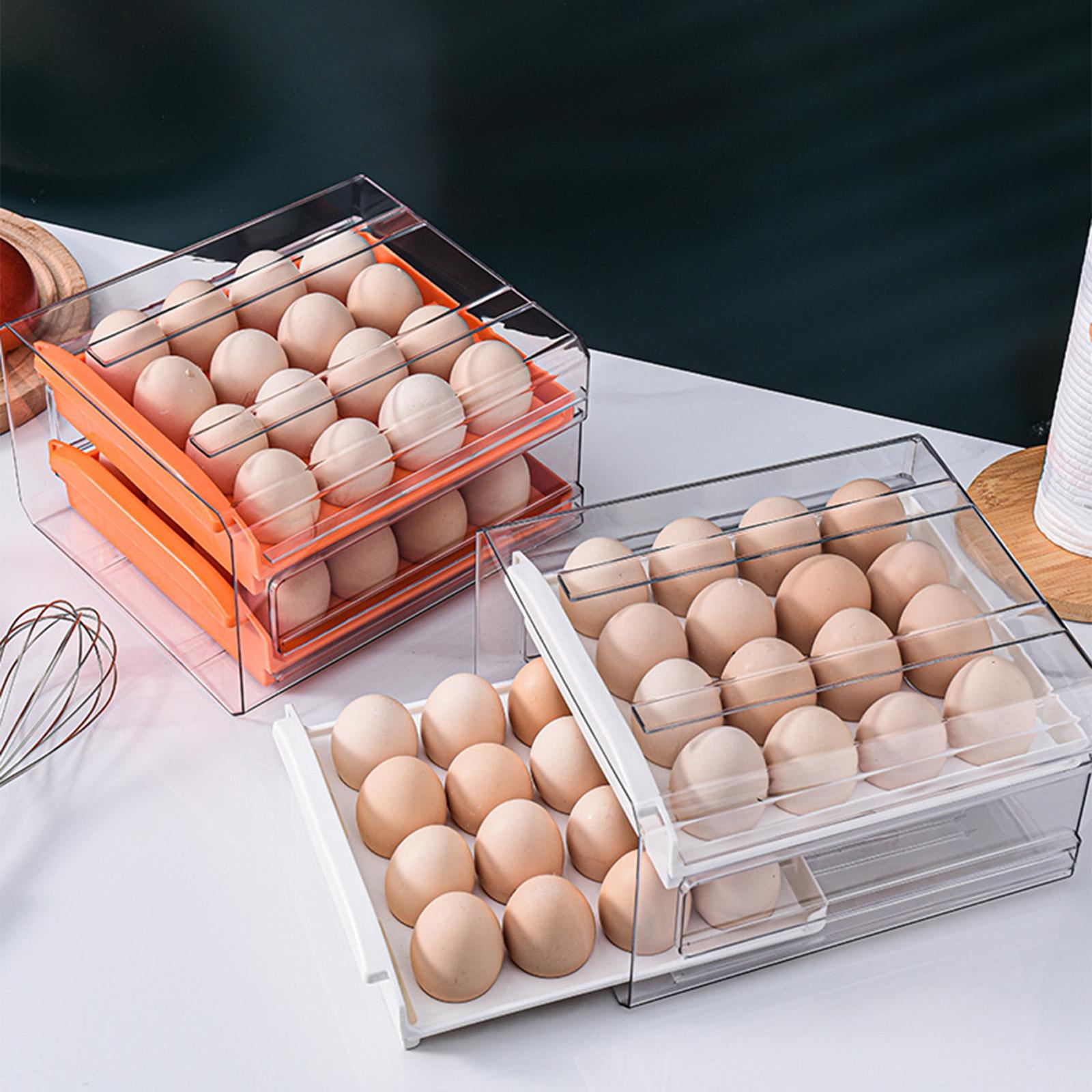 Fiocias Kitchen Fridge Egg Container 32 Grid Double Layer Drawer Type Stackable Grey