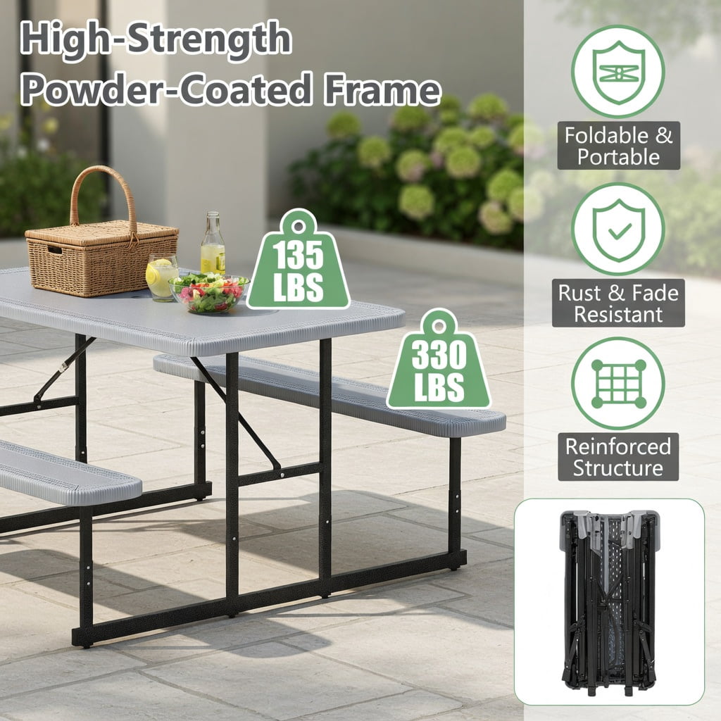 Hommoo Outdoor Picnic Table and Bench Set for 2-4 People, Rectangular HDPE Dining Table with Metal Frame, Weather-Resistant, Gray