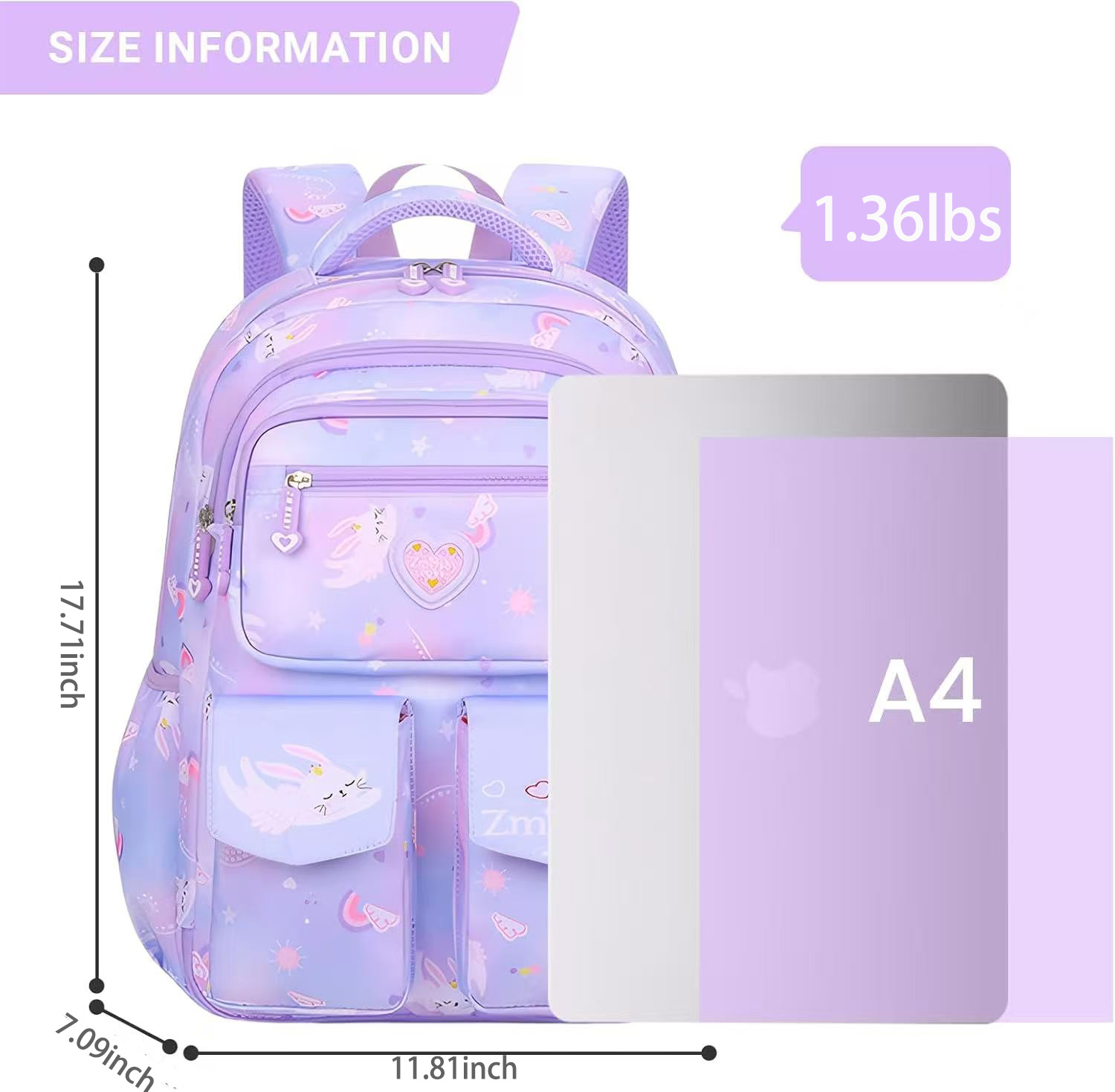Mochila escolar para niñas, 25L resistente al desgaste, ligera, a prueba de agua, moderna, morada 7