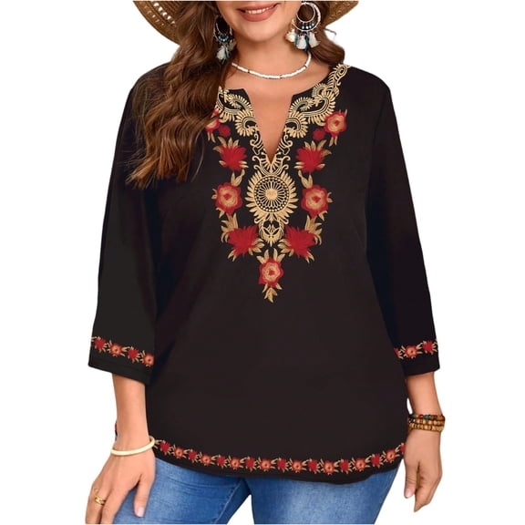 3/4 Sleeve V Neck Boho Tops for Women, Ethnic Floral and Geometric Style Top, Plus Size Blouses for Women Dressy Casual Vermilion 3XL