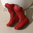 thumbnail image 5 of Bnwani Women Boots Winter Fashion Toe Flat High Mid-Calf Casual Solid Splicing Boot Red Size 9, 5 of 8