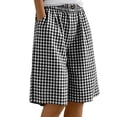 thumbnail image 2 of Womens Bermuda Shorts Knee Length Wide Leg Linen Long Shorts with Pockets Summer Casual Elastic High Waist Short Pants Black M, 2 of 5